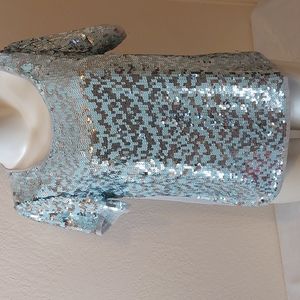 Pleione, sequined, short sleeve blouse. Silver. Size S. Pre-owned, gently used.